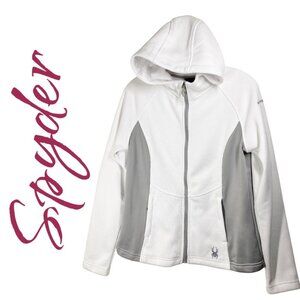 SPYDER LAYNA FULL ZIP MOCK NECK WAFFLE KNIT JACKET HOOD WHITE GRAY, MEDIUM